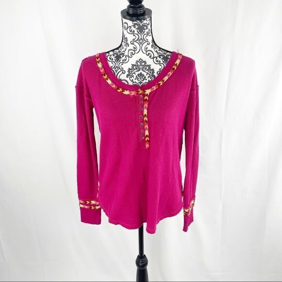 Free People We the Free Rainbow Crochet Thermal Henley Top - Picture 5 of 9